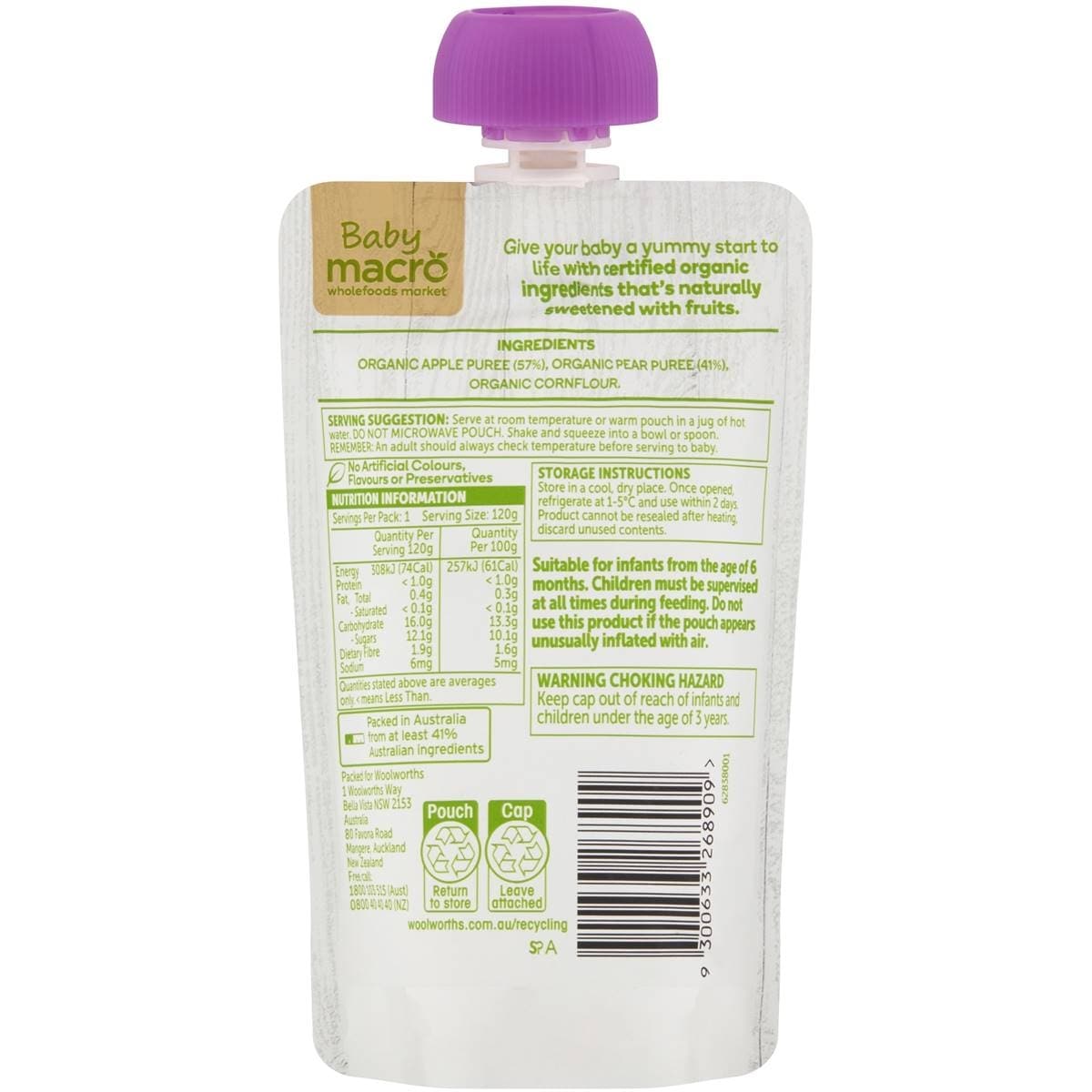 Macro Organic Baby Food Apple & Pear 6 Months+ 120g