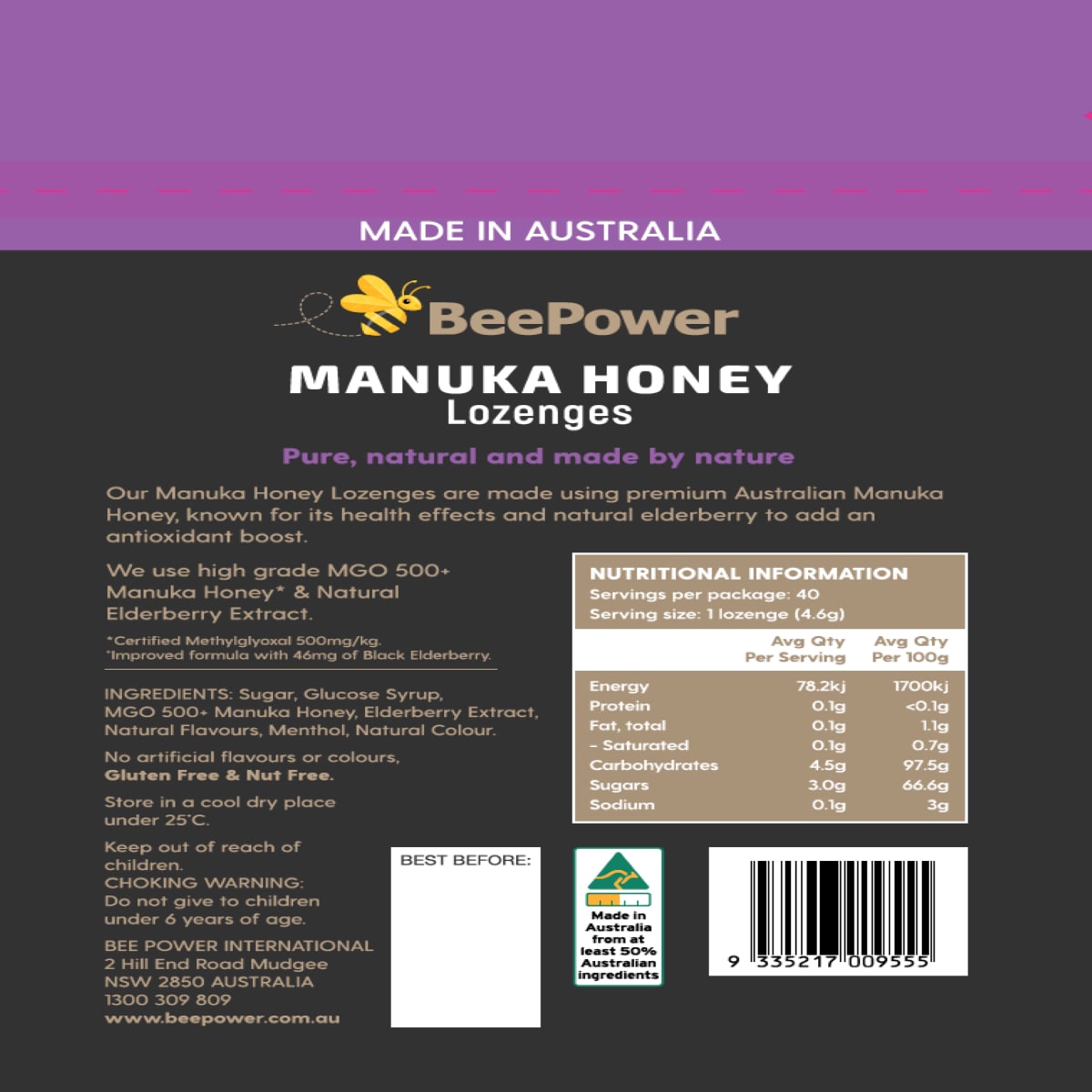 Beepower Manuka Honey Lozenges Black Elderberry 40 Pack