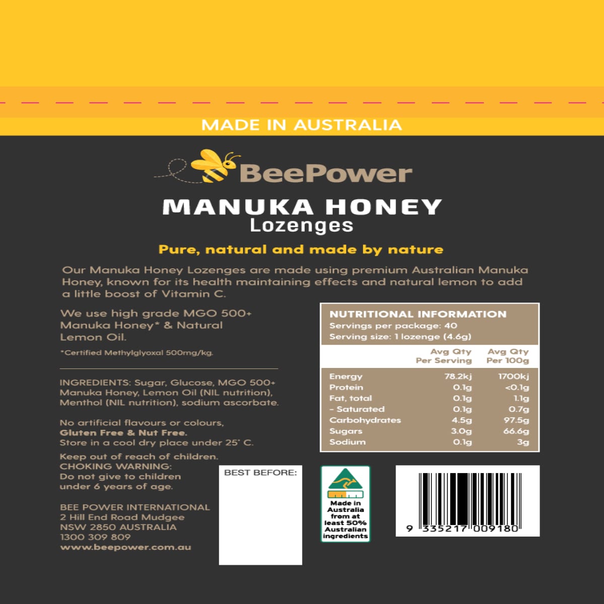 BeePower Manuka Honey Lozenges Lemon 40 Pack