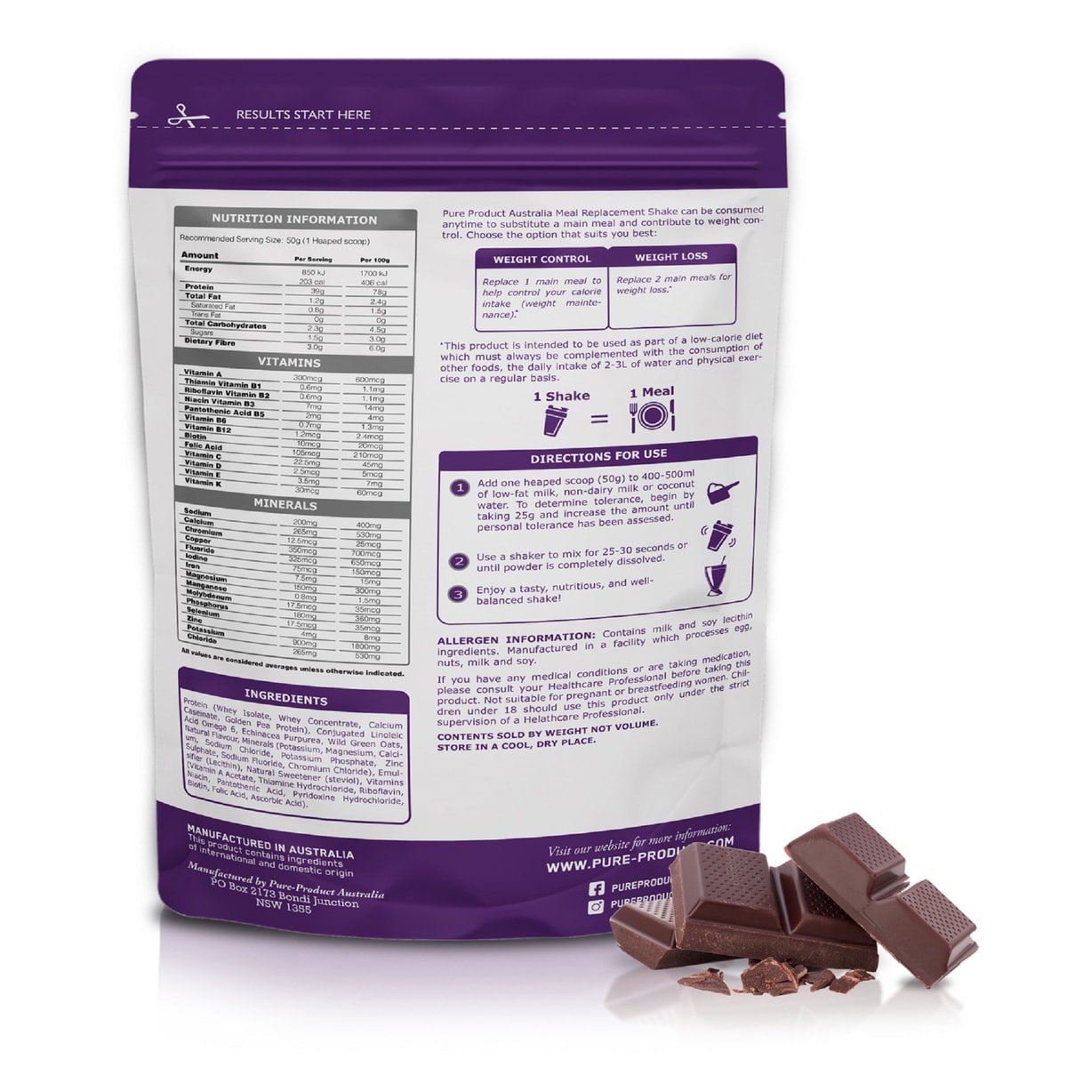 Pure Product Australia Meal Replacement Shake Chocolate 1kg