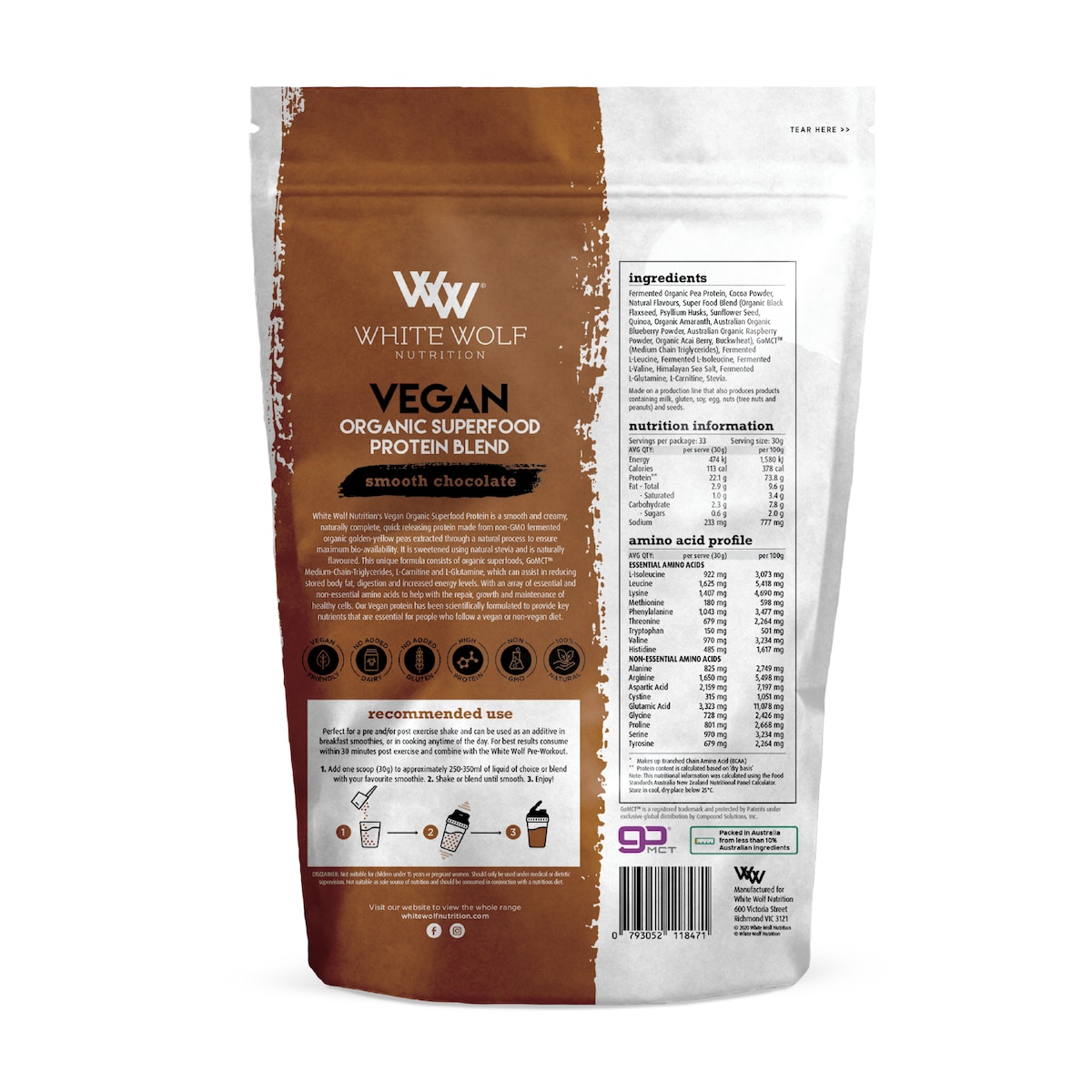 White Wolf Nutrition Vegan Protein With Superfoods Smooth Chocolate 1Kg