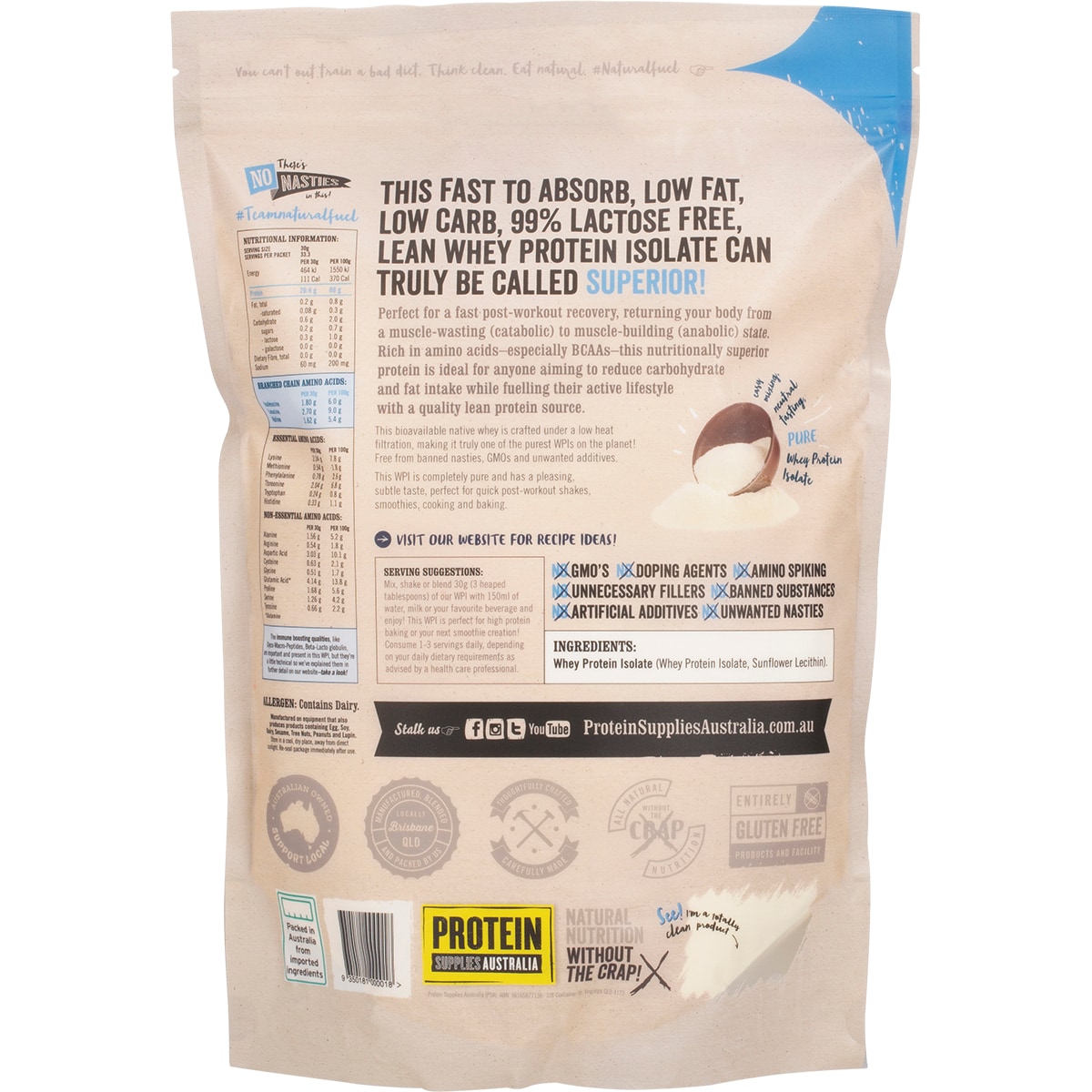 Protein Supplies Australia Whey Protein Isolate Unflavoured 1kg