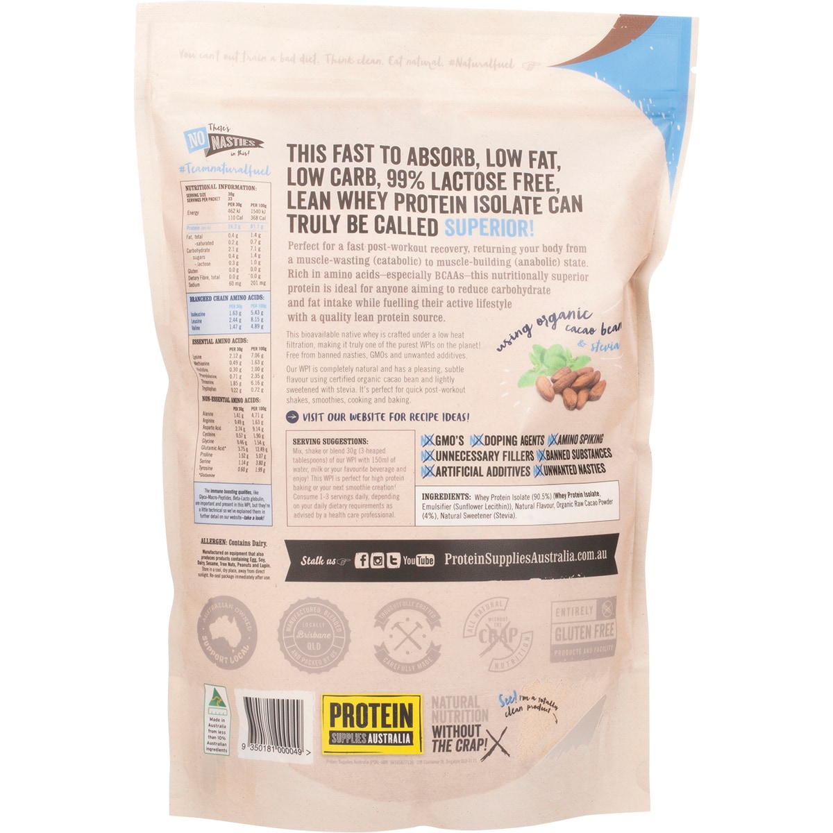 Protein Supplies Australia Whey Protein Isolate Chocolate 1kg