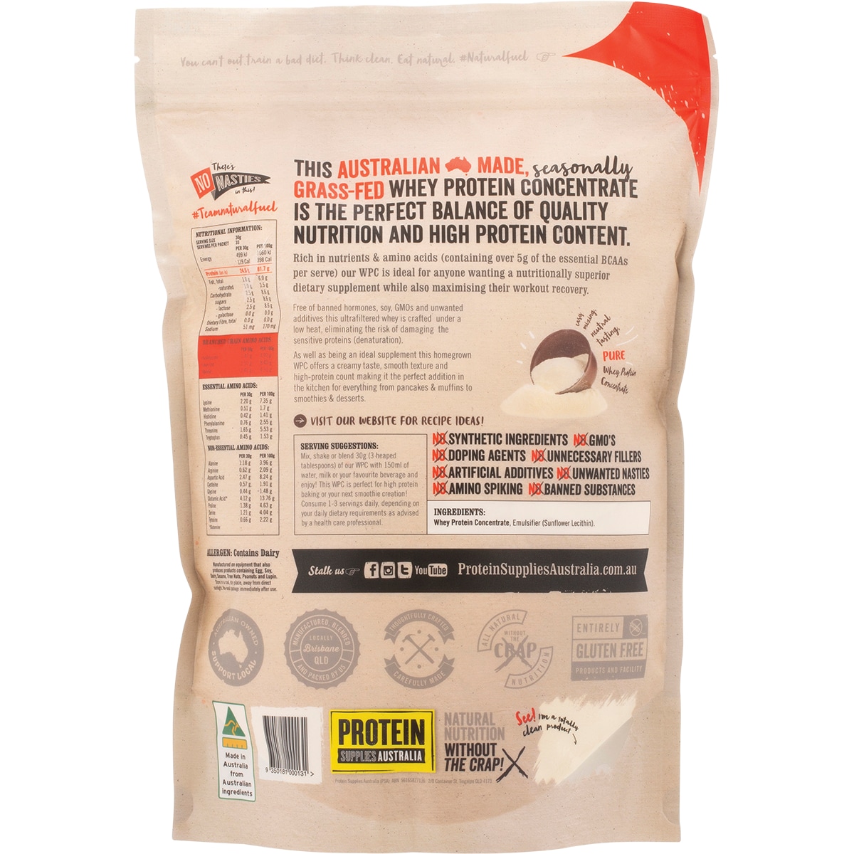 Protein Supplies Australia Whey Protein Concentrate Unflavoured 1kg