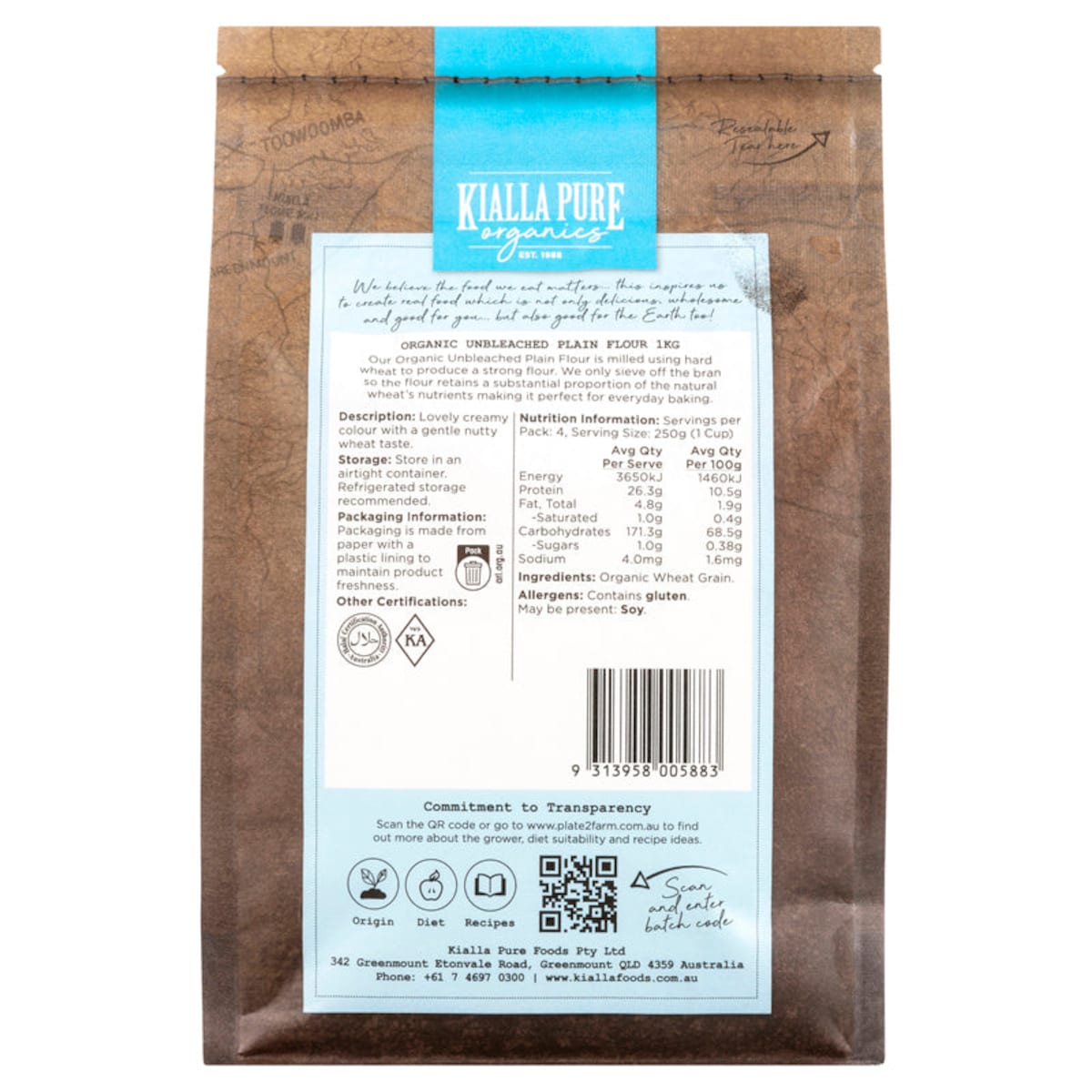 Kialla Organic Unbleached Plain Flour 1kg