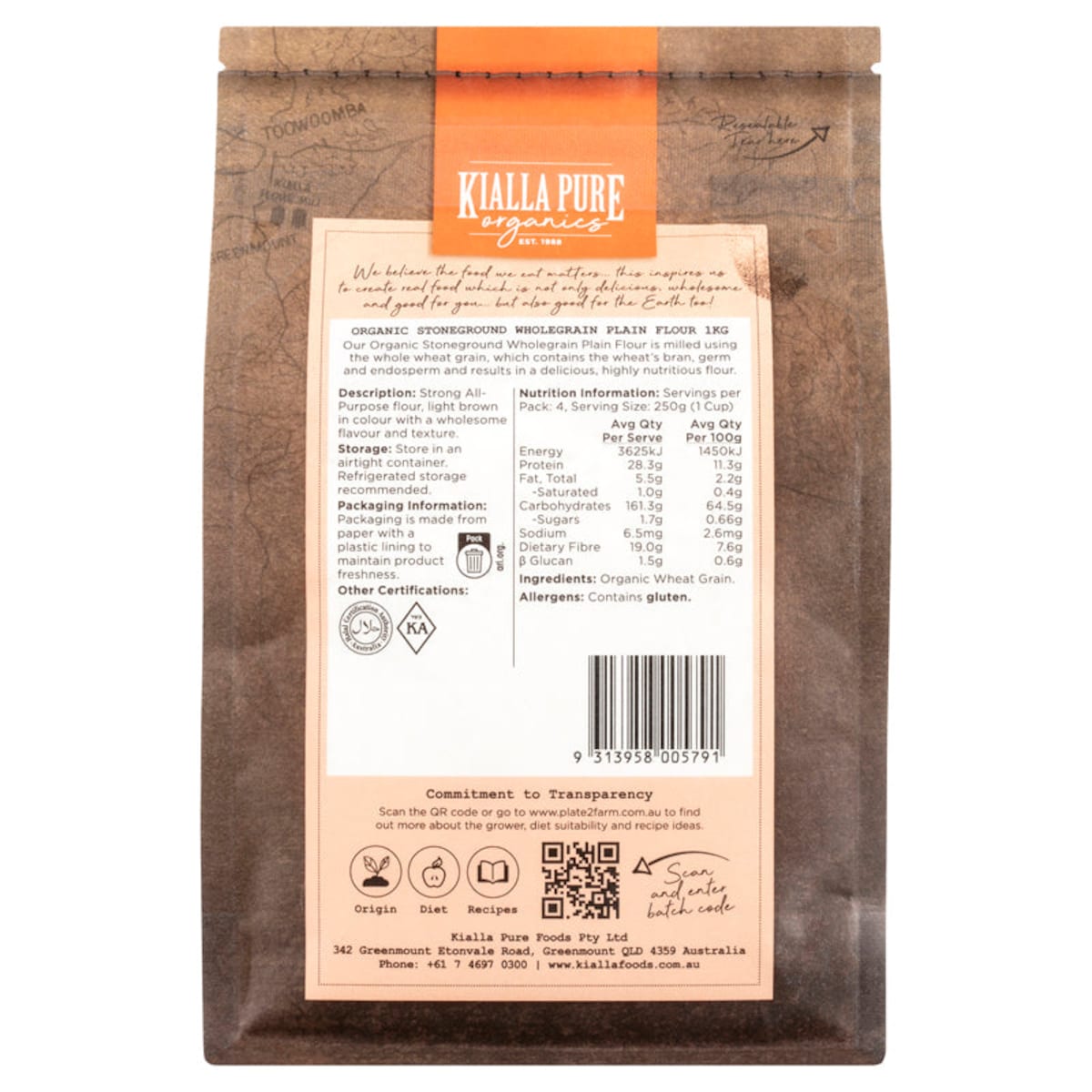 Kialla Organic Stoneground Wholegrain Plain Flour 1kg