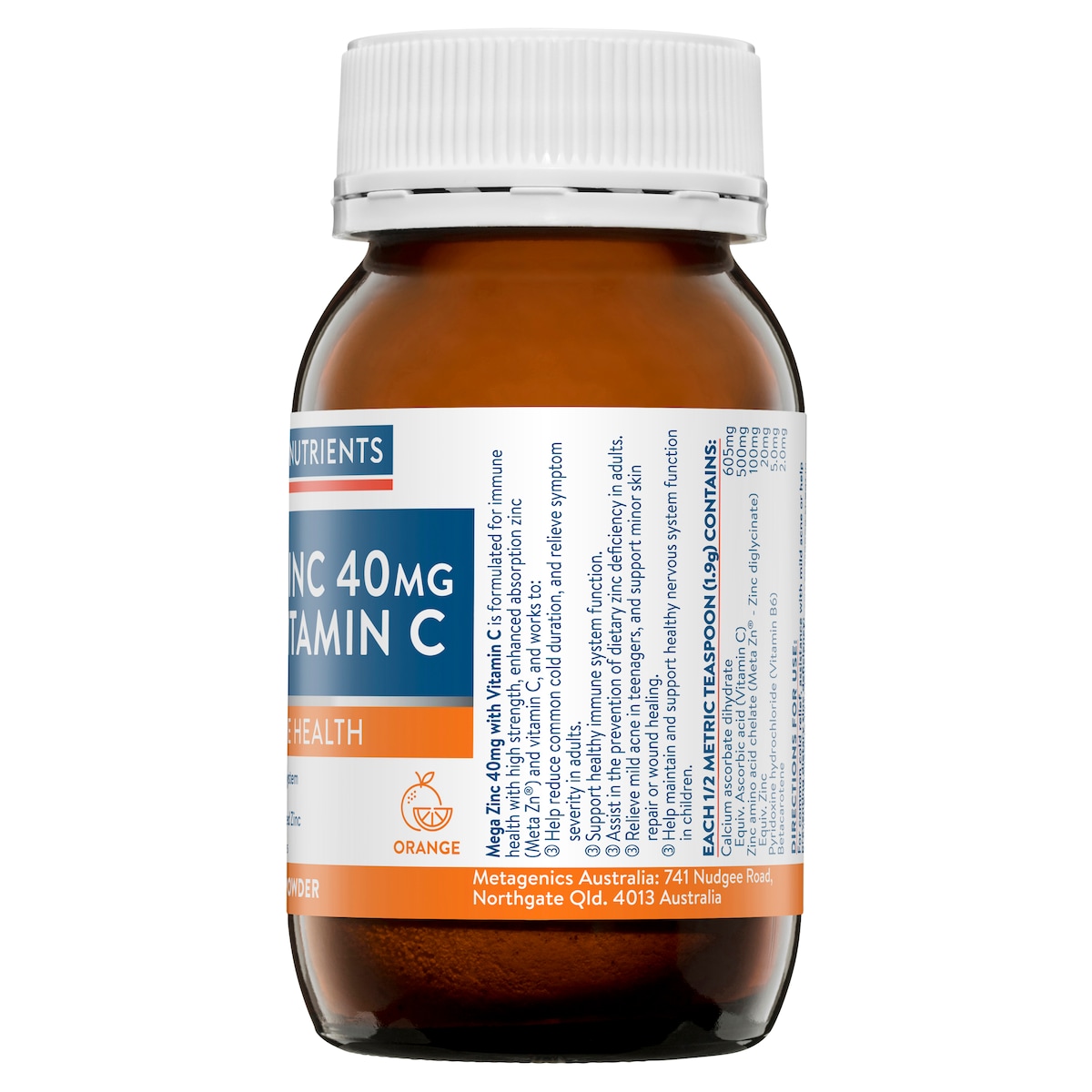 Ethical Nutrients Mega Zinc 40mg with Vitamin C Orange 95g Powder