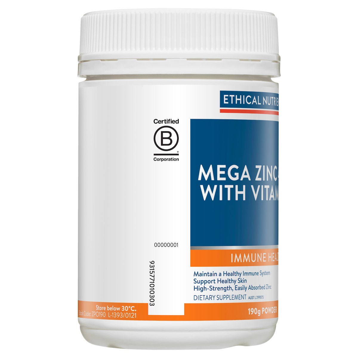 Ethical Nutrients Mega Zinc 40mg with Vitamin C Orange 190g Powder