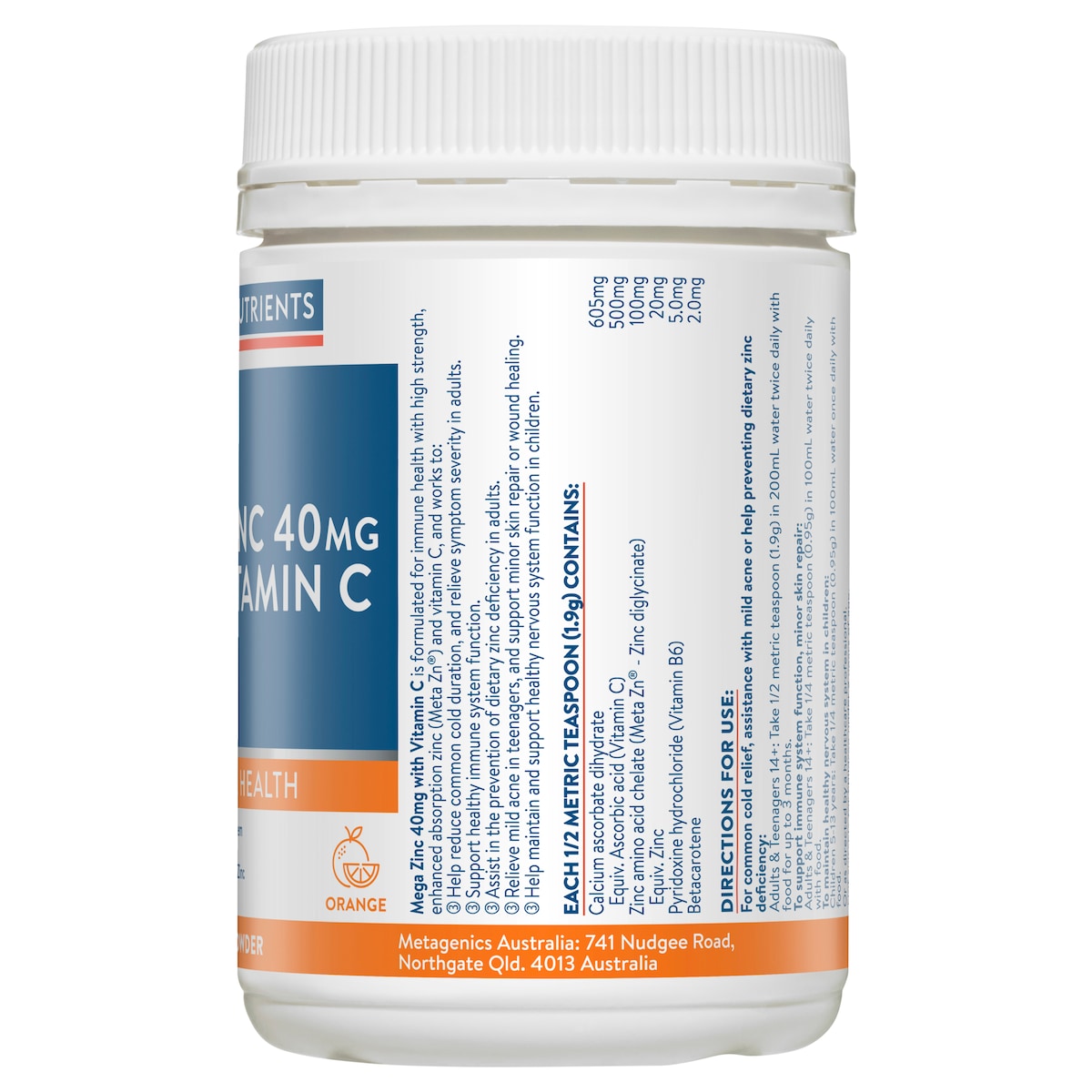 Ethical Nutrients Mega Zinc 40mg with Vitamin C Orange 190g Powder