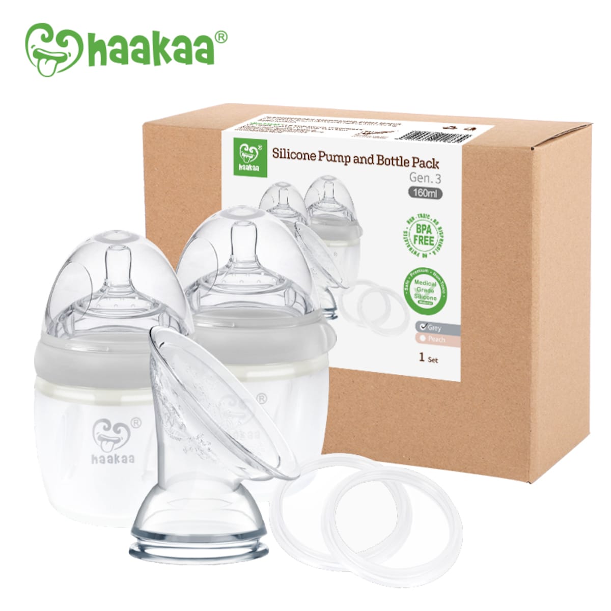 Haakaa Gen 3 Silicone Pump and Bottle Pack - Grey