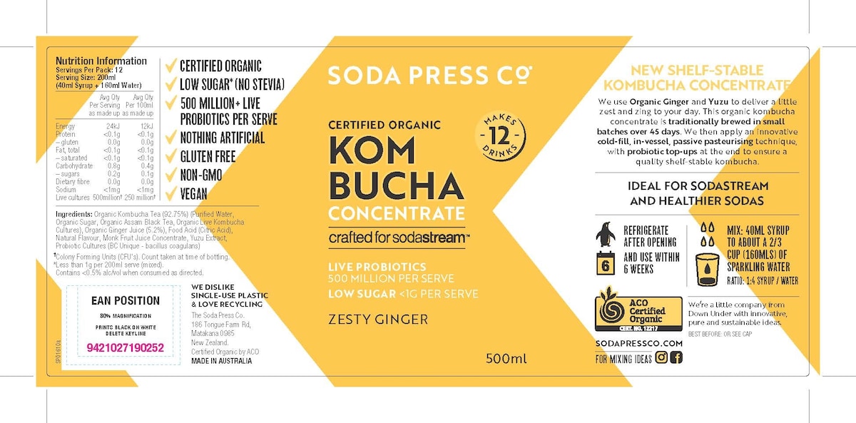 Soda Press Organic Kombucha Concentrate Zesty Ginger 500mL