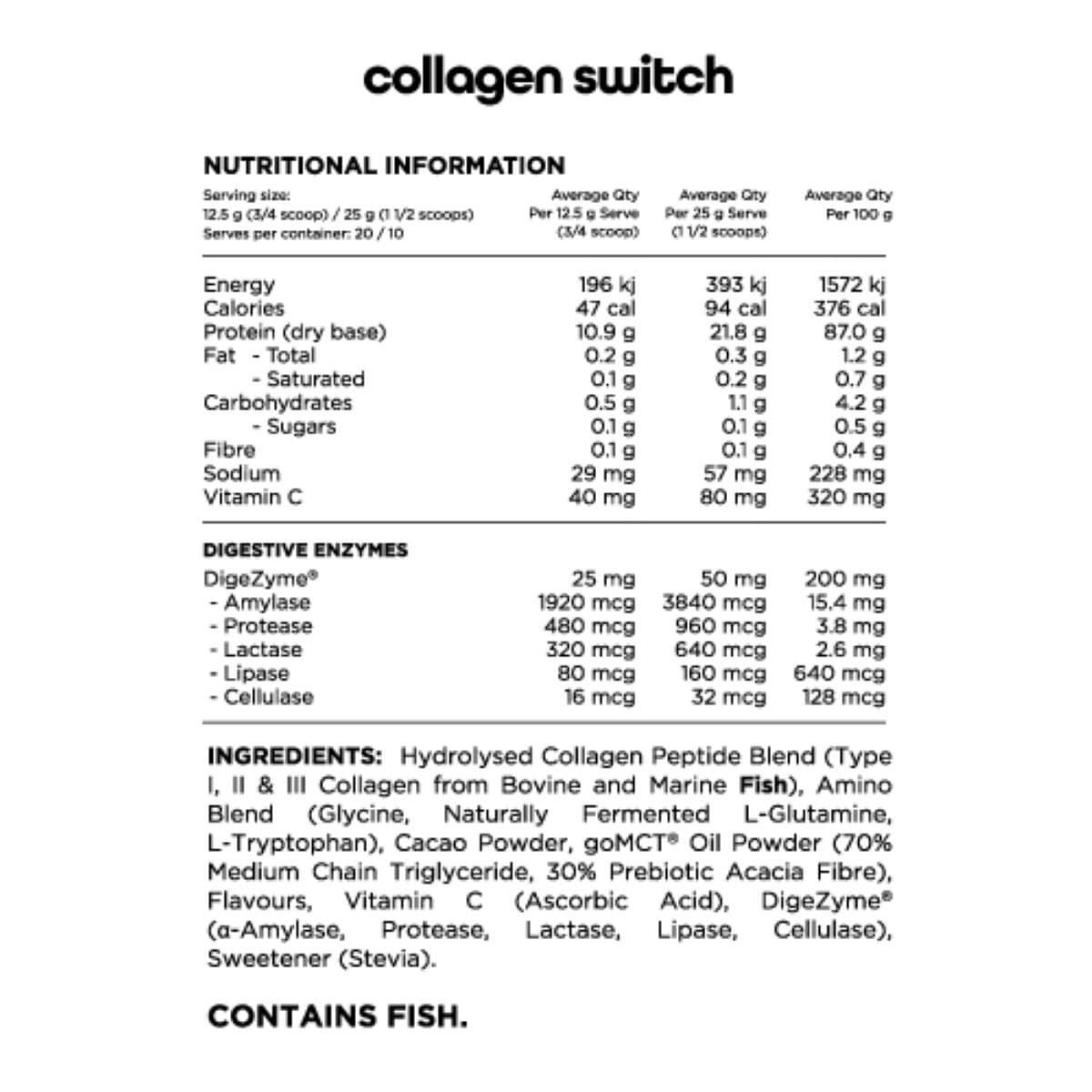 Switch Nutrition Collagen Hydrolysed Collagen Protein Unflavoured 250g