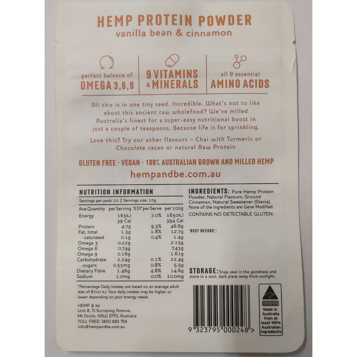 HEMP & be Hemp Protein Powder - Vanilla Bean & Cinnamon 100g