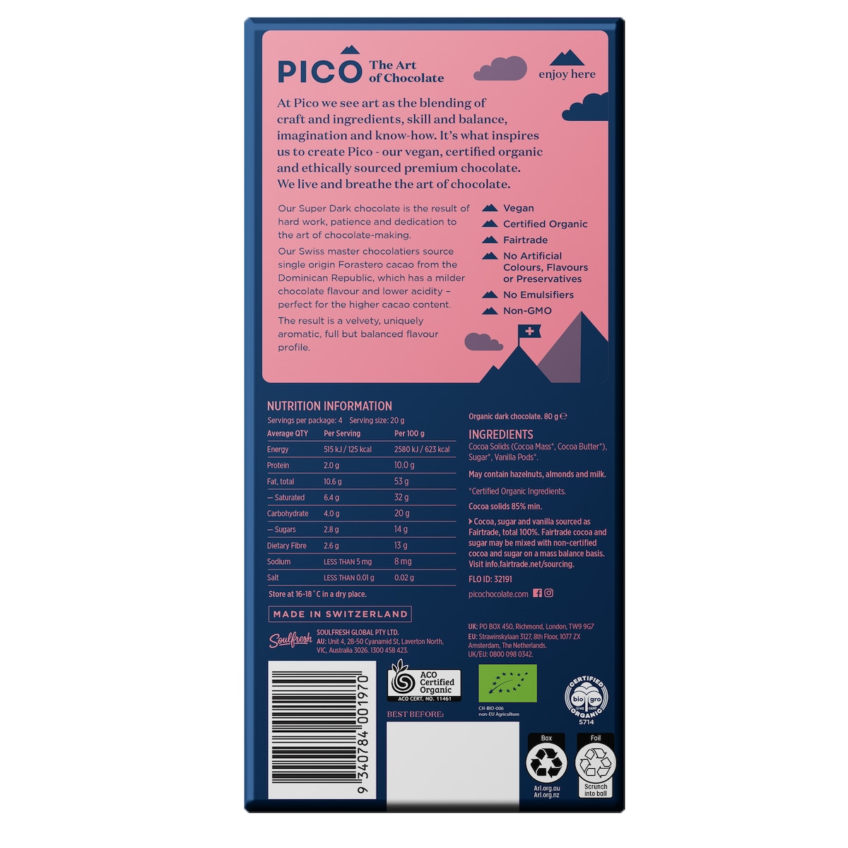 Pico Organic Chocolate Super Dark 80g