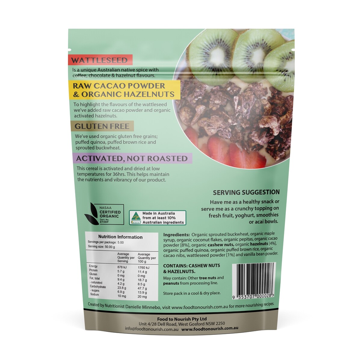 Food to Nourish Sprouted Clusters Cacao Wattleseed & Hazelnut 250g