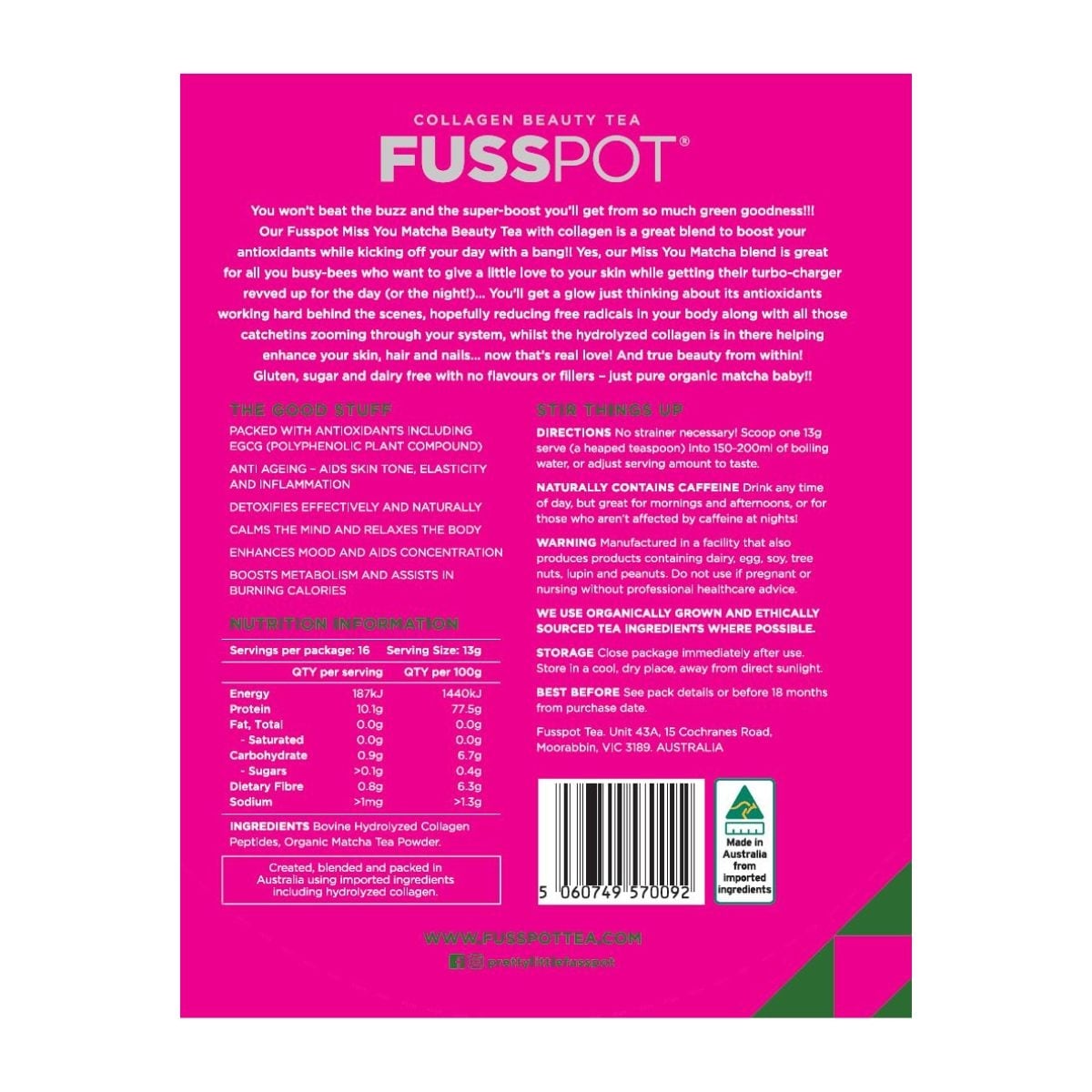 Fusspot Collagen Beauty Tea Miss you Matcha Powder Blend 390g