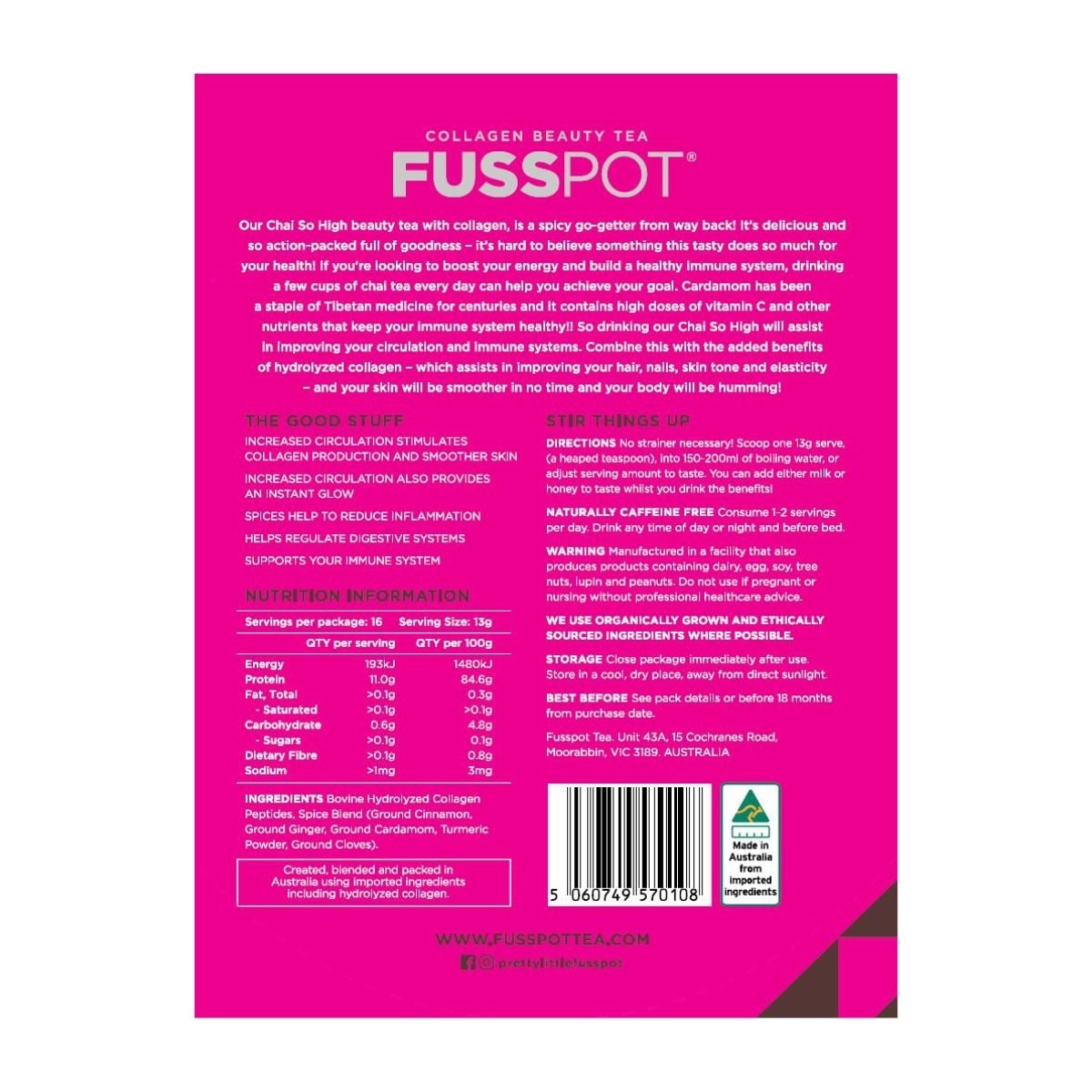 Fusspot Collagen BeautyTea Chai So High Powder Blend 390g