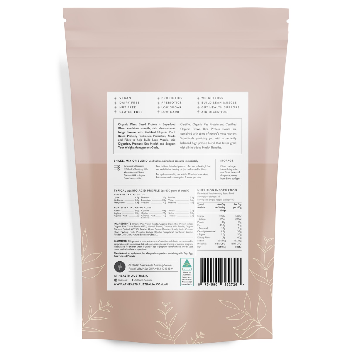 At Health Australia Organic Plant Based Protein Choc Caramel Fudge 450g