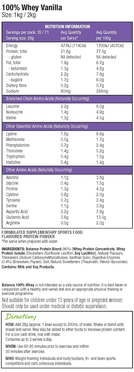 Balance 100% Whey Protein Powder Vanilla 1kg