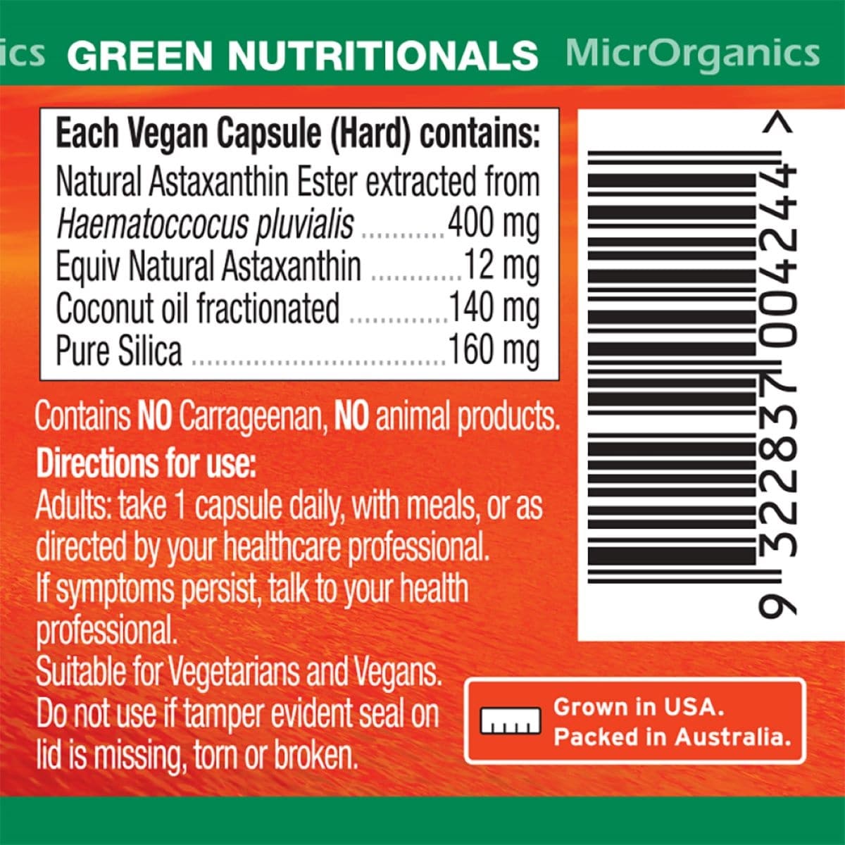 Green Nutritionals Natural Astaxanthin 12mg 20 Vege Capsules