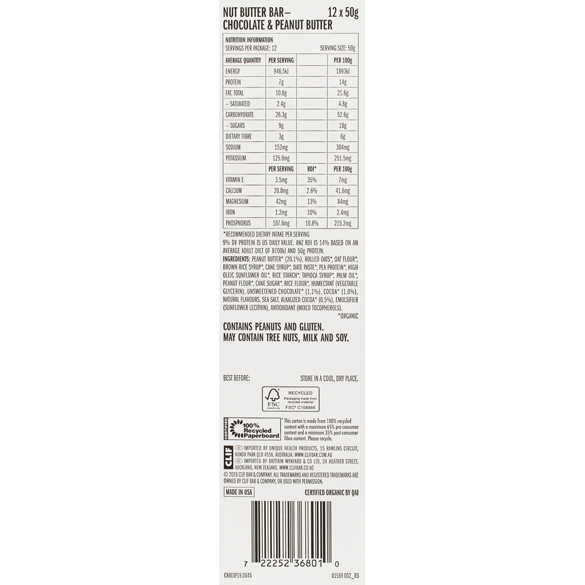 Clif Nut Butter Bar Chocolate & Peanut Butter 12 x 50g