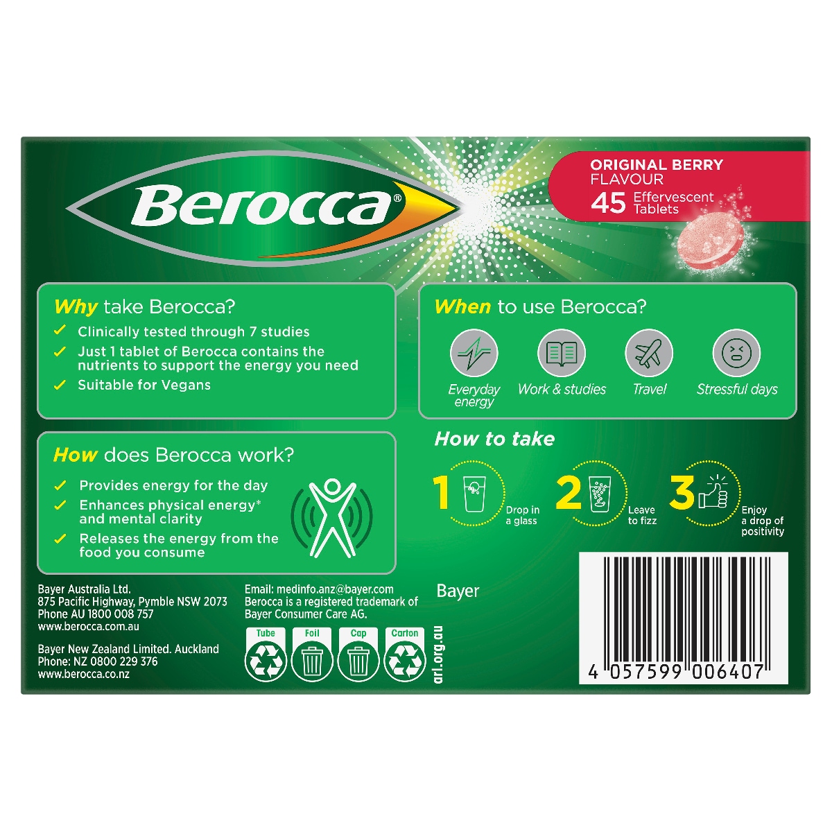 Berocca Energy Original Berry Effervescent Tablets 45 Pack