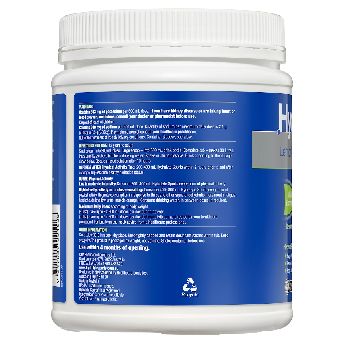 Hydralyte Sports Electrolyte Powder Lemon Lime  900g