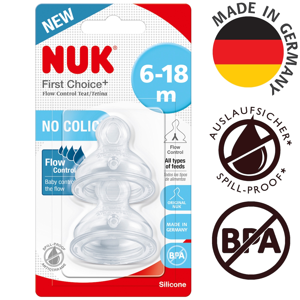 NUK First Choice+ Flow Control Silicone Teat 6-18 months 2 Pack