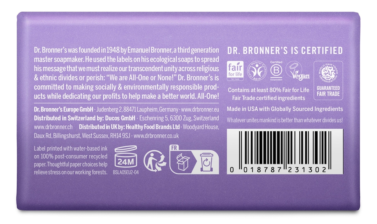 Dr Bronner's Pure Castile Bar Soap Lavender 140g