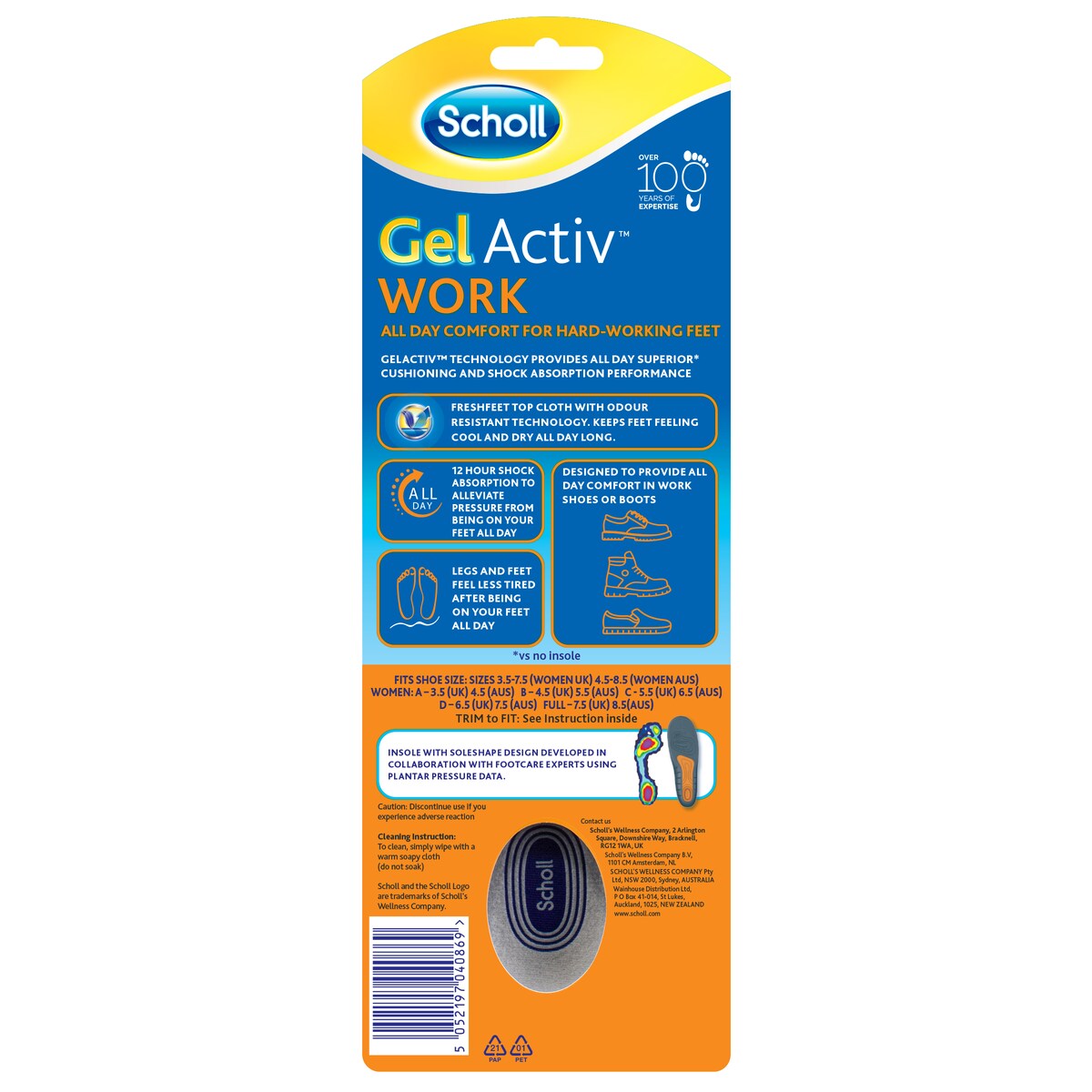 Scholl Gel Activ Work Insoles Women 4.5-8.5 1 Pack