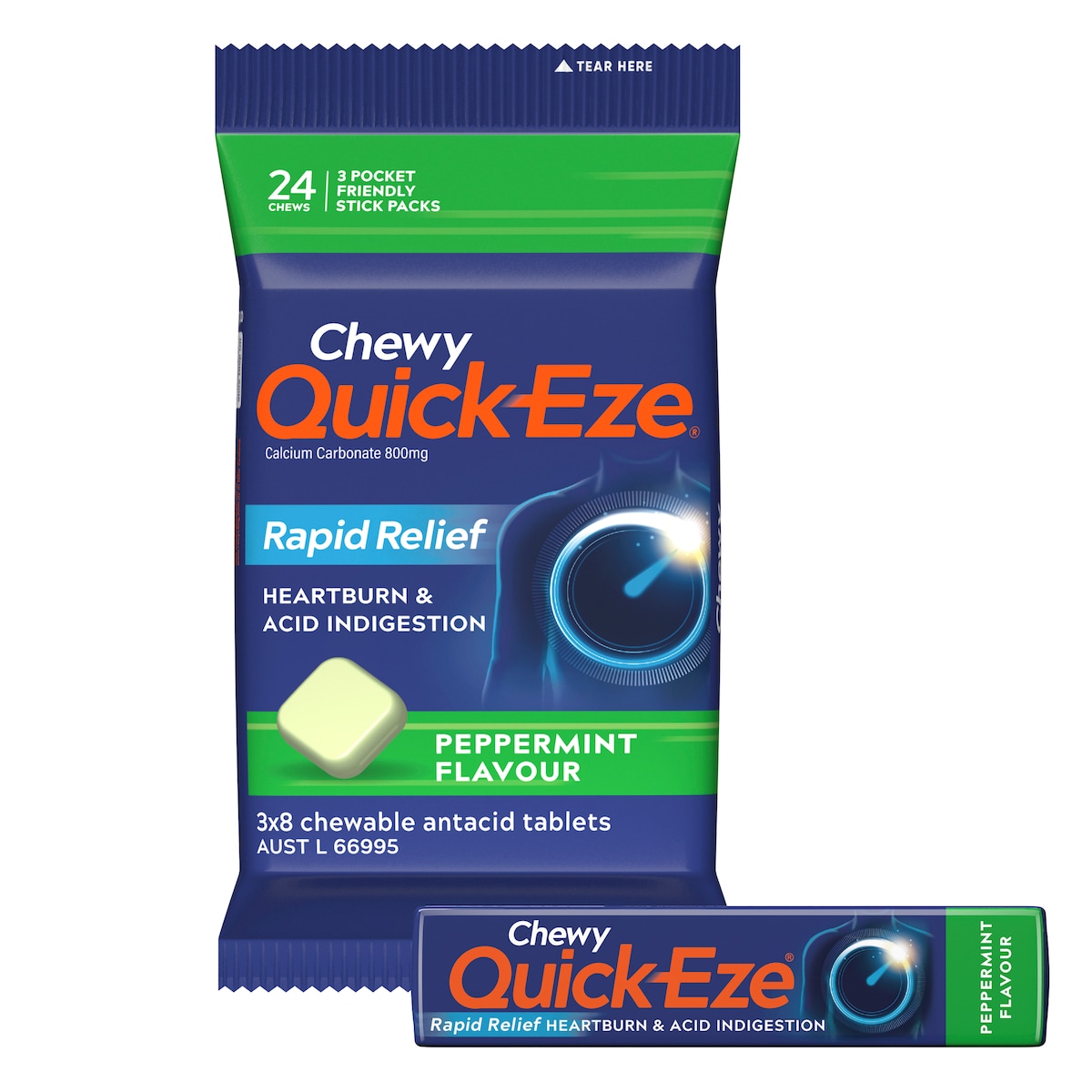 Quick-Eze Chewy Peppermint Antacid Tablets 3 x 8 Pack