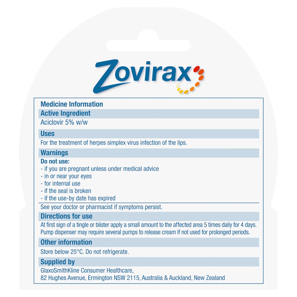 Zovirax Cold Sore Cream Pump 2g