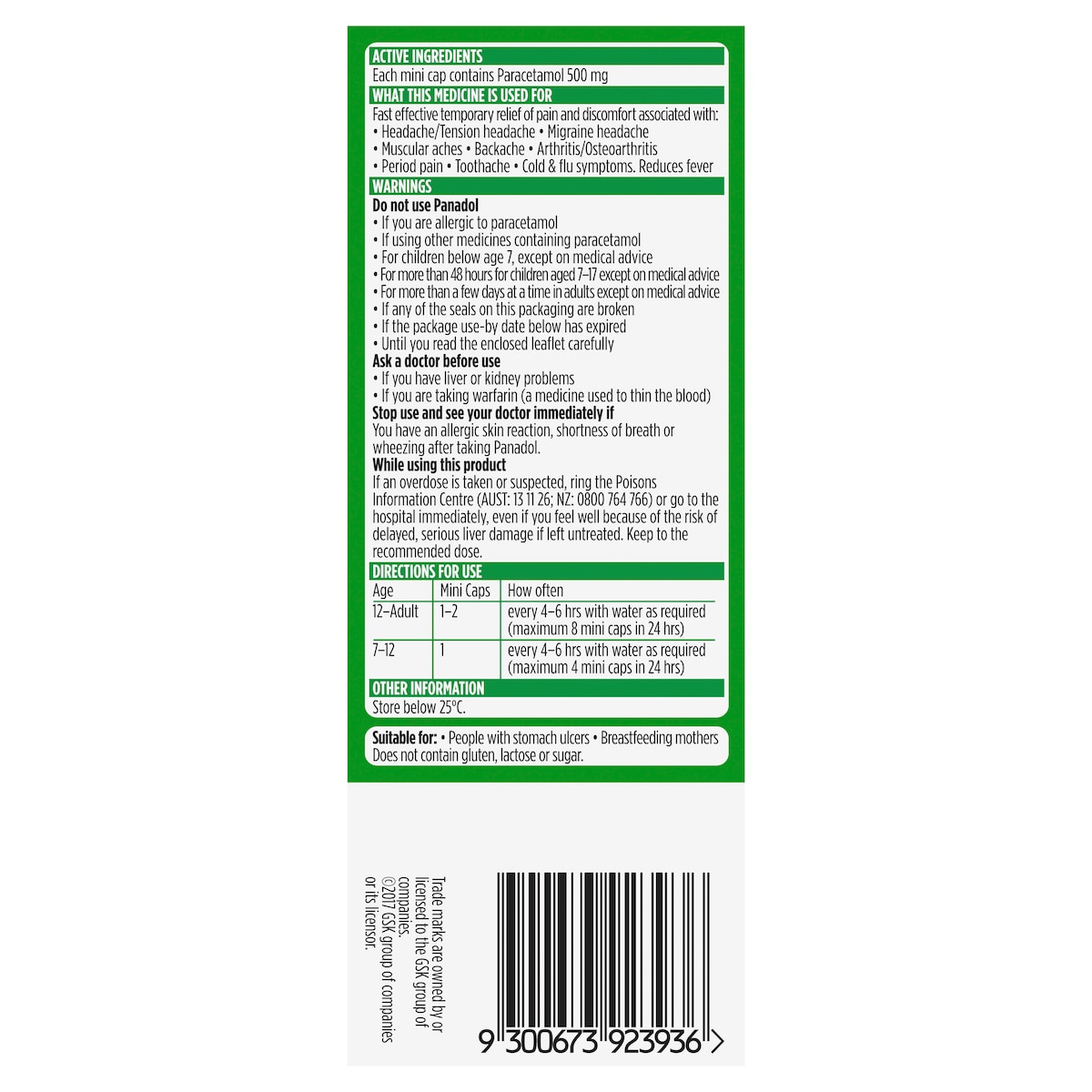 Panadol Mini Caps Pain Relief Paracetamol 500mg 20 Pack