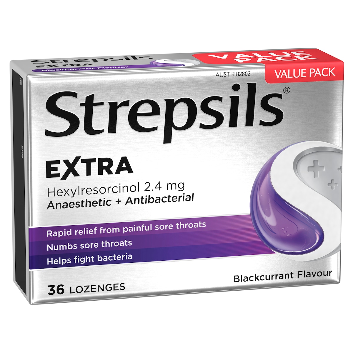 Strepsils Extra Rapid Sore Throat Relief with Anaesthetic Blackcurrant 36 Lozenges