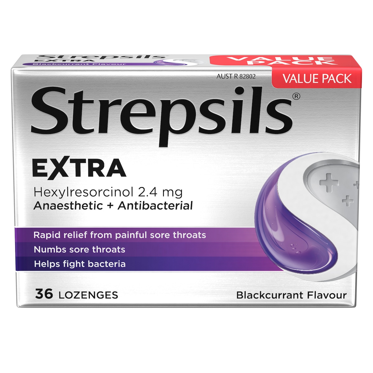 Strepsils Extra Rapid Sore Throat Relief with Anaesthetic Blackcurrant 36 Lozenges