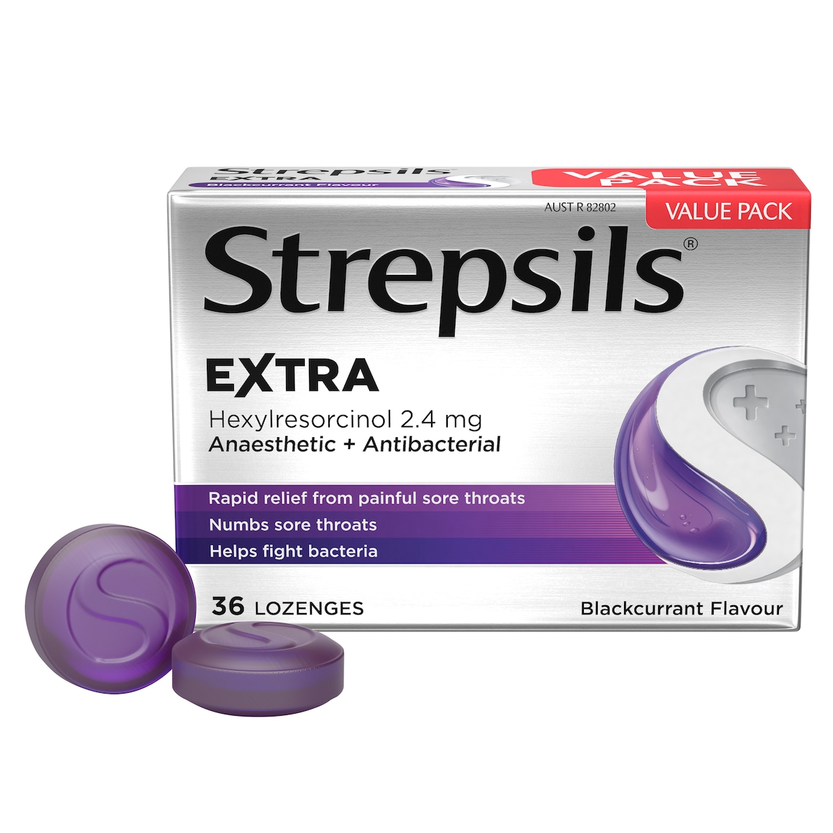 Strepsils Extra Rapid Sore Throat Relief with Anaesthetic Blackcurrant 36 Lozenges