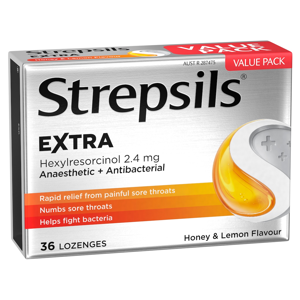 Strepsils Extra Rapid Sore Throat Relief with Anaesthetic Honey & Lemon 36 Lozenges