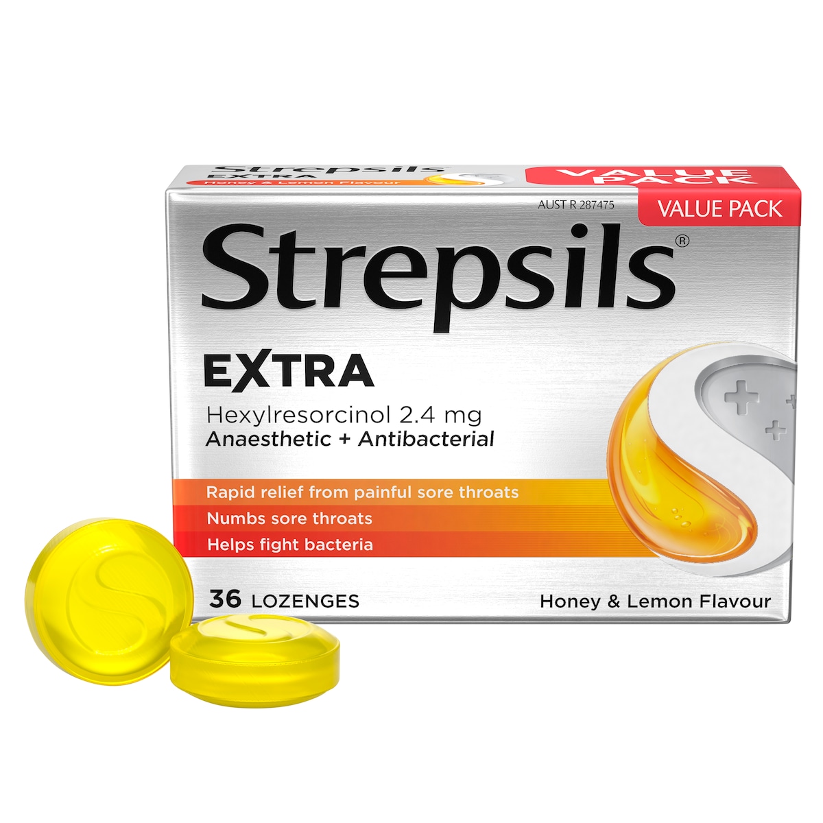 Strepsils Extra Rapid Sore Throat Relief with Anaesthetic Honey & Lemon 36 Lozenges