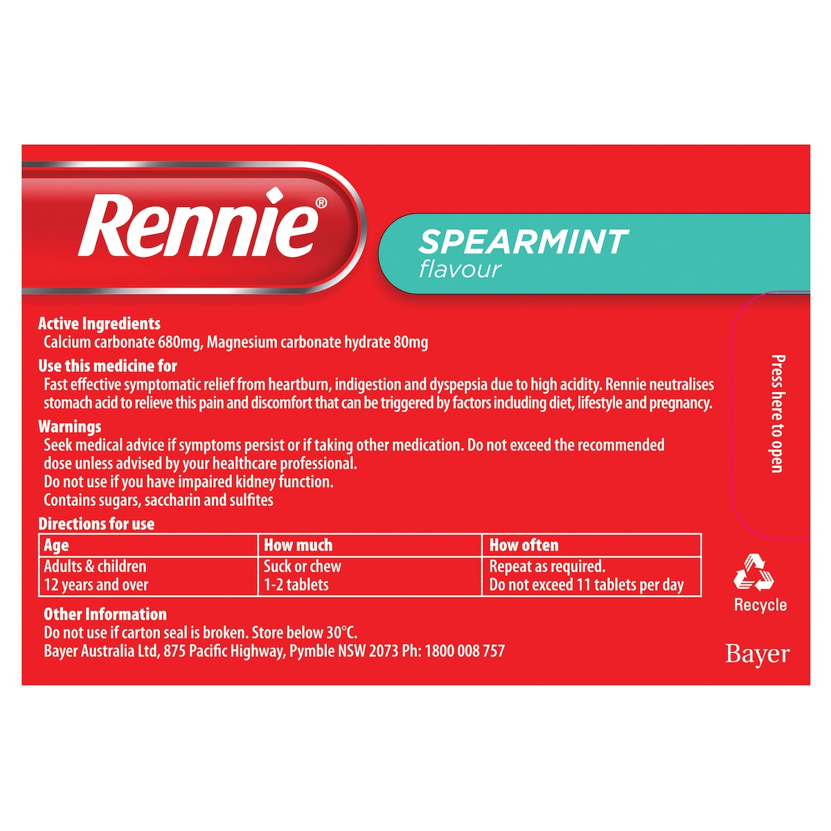 Rennie Indigestion & Heartburn Relief Spearmint 96 Chewable Tablets