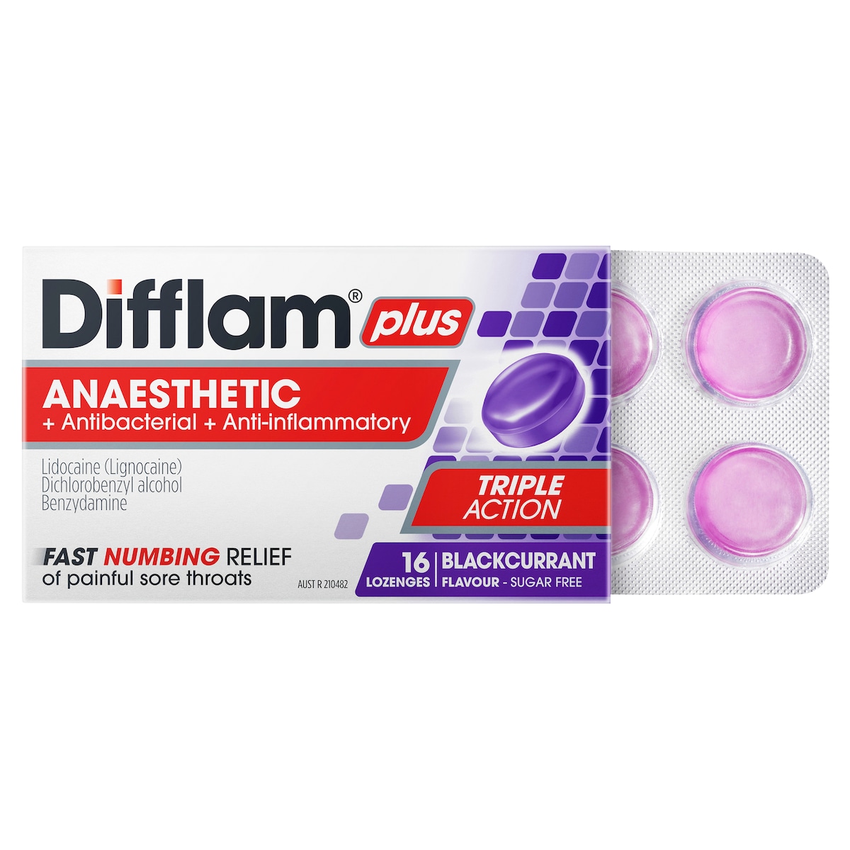 Difflam Plus Anaesthetic Sore Throat Lozenges Blackcurrant 16 Pack