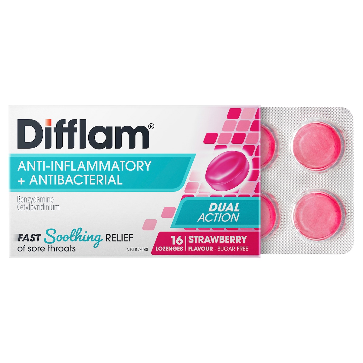 Difflam Sore Throat Lozenges Sugar Free Strawberry 16 Pack