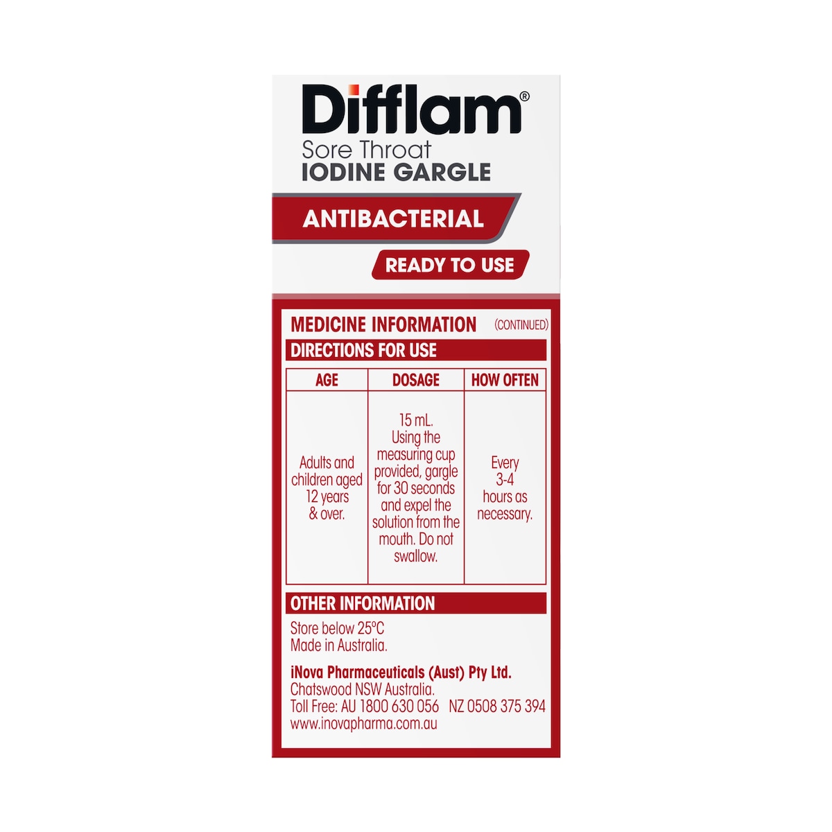 Difflam Ready to Use Sore Throat Gargle with Iodine Fresh Mint 200ml