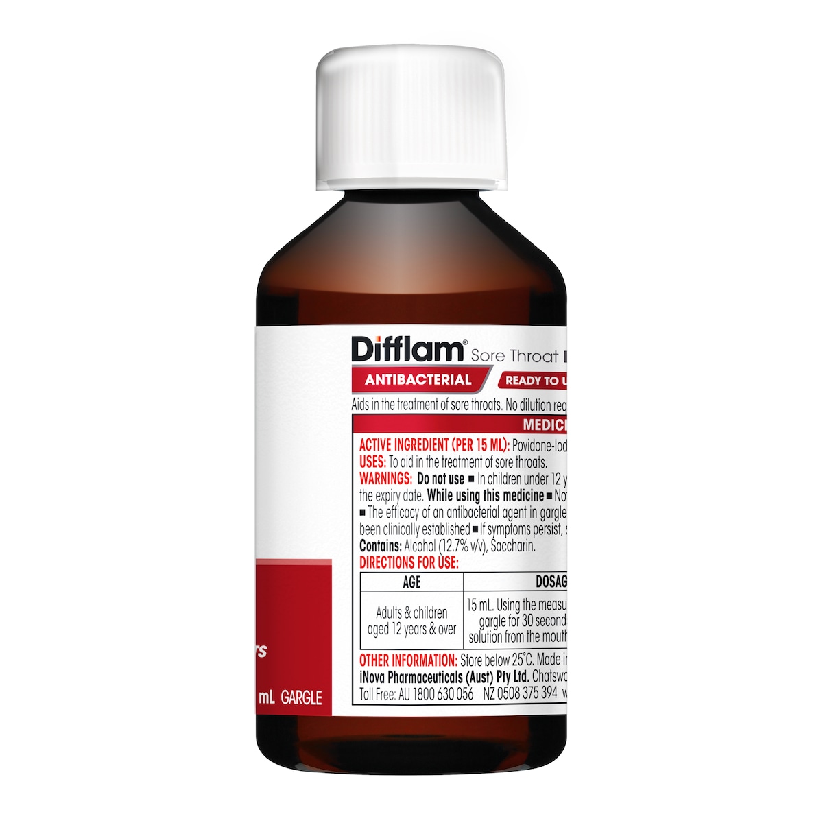 Difflam Ready to Use Sore Throat Gargle with Iodine Fresh Mint 200ml