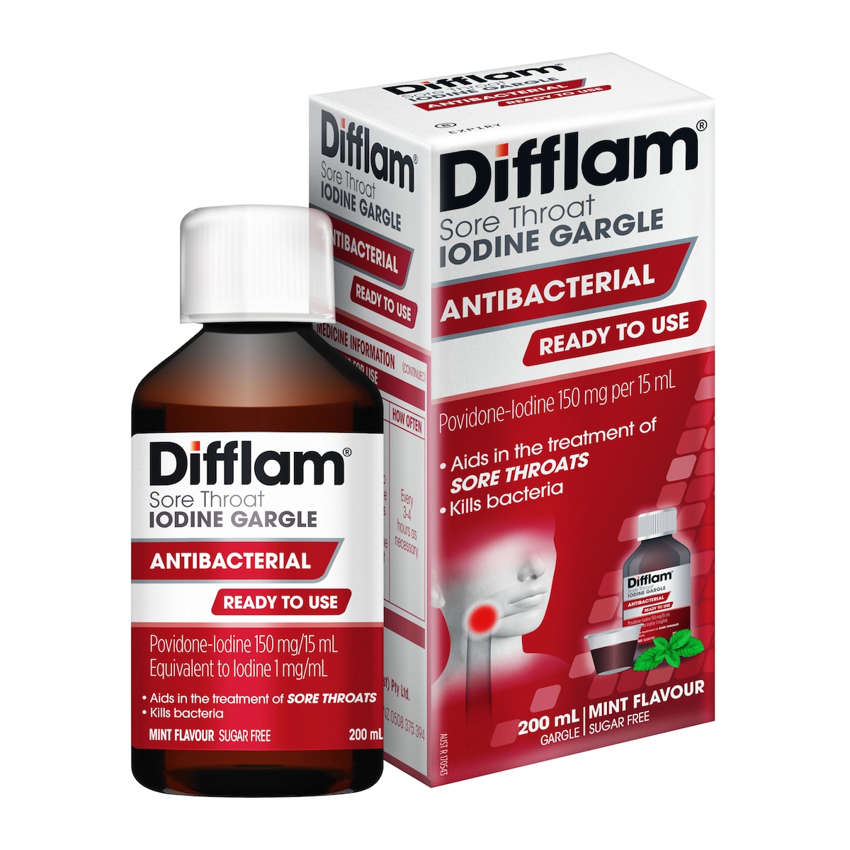 Difflam Ready to Use Sore Throat Gargle with Iodine Fresh Mint 200ml