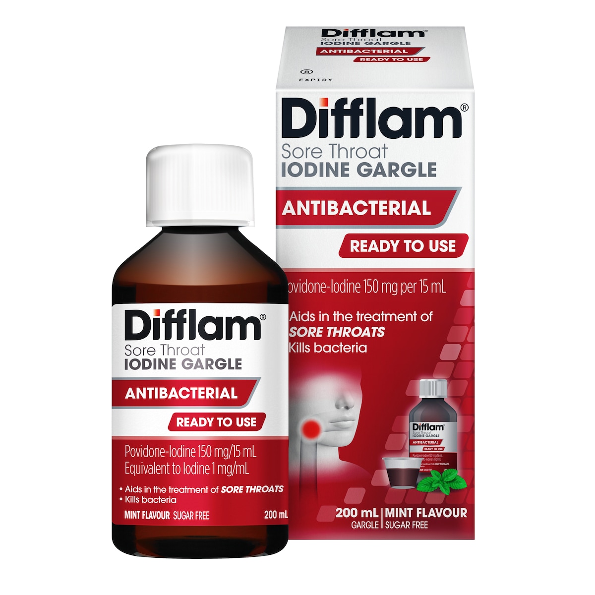 Difflam Ready to Use Sore Throat Gargle with Iodine Fresh Mint 200ml