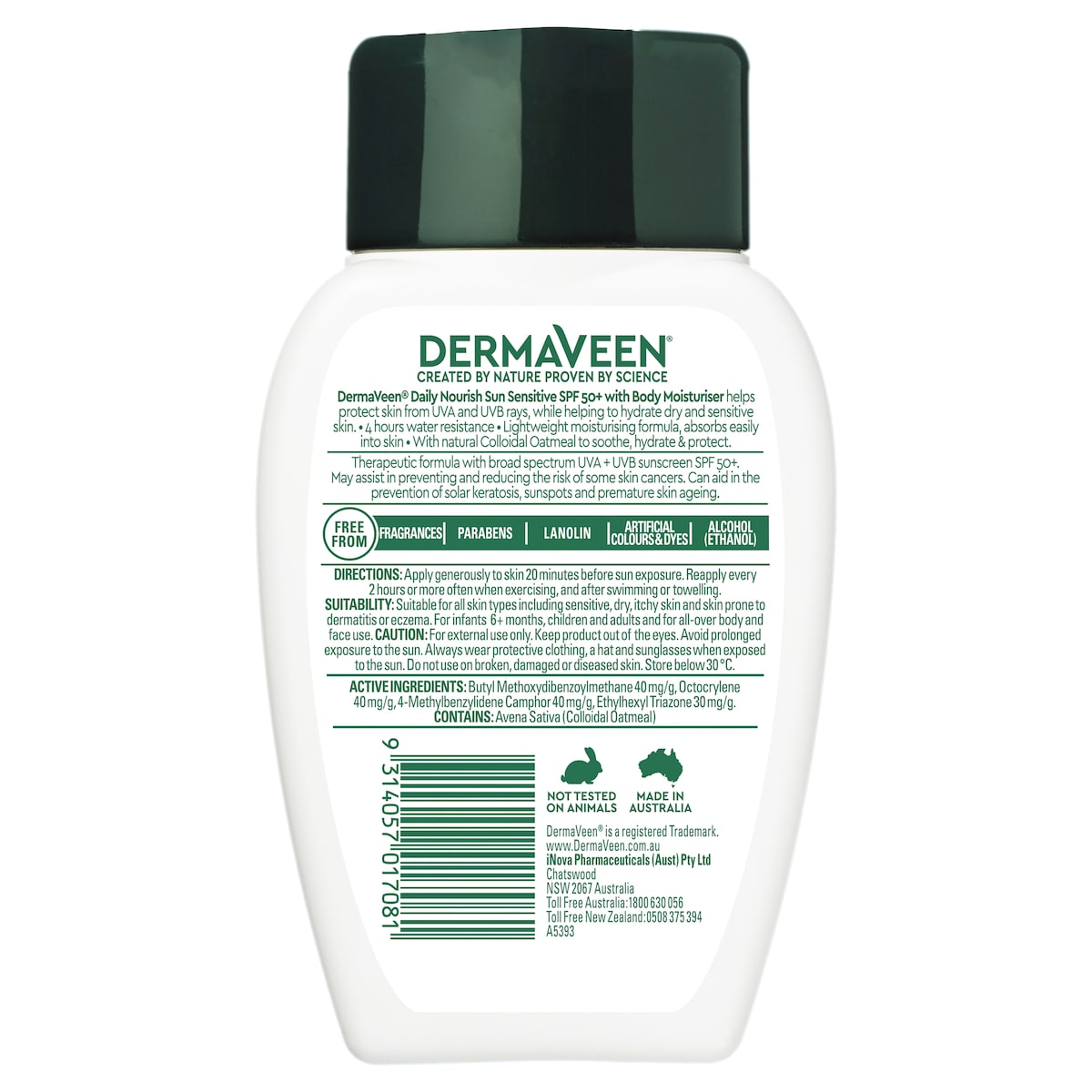 DermaVeen Daily Nourish Sun Sensitive Body Moisturiser SPF50+ 250g