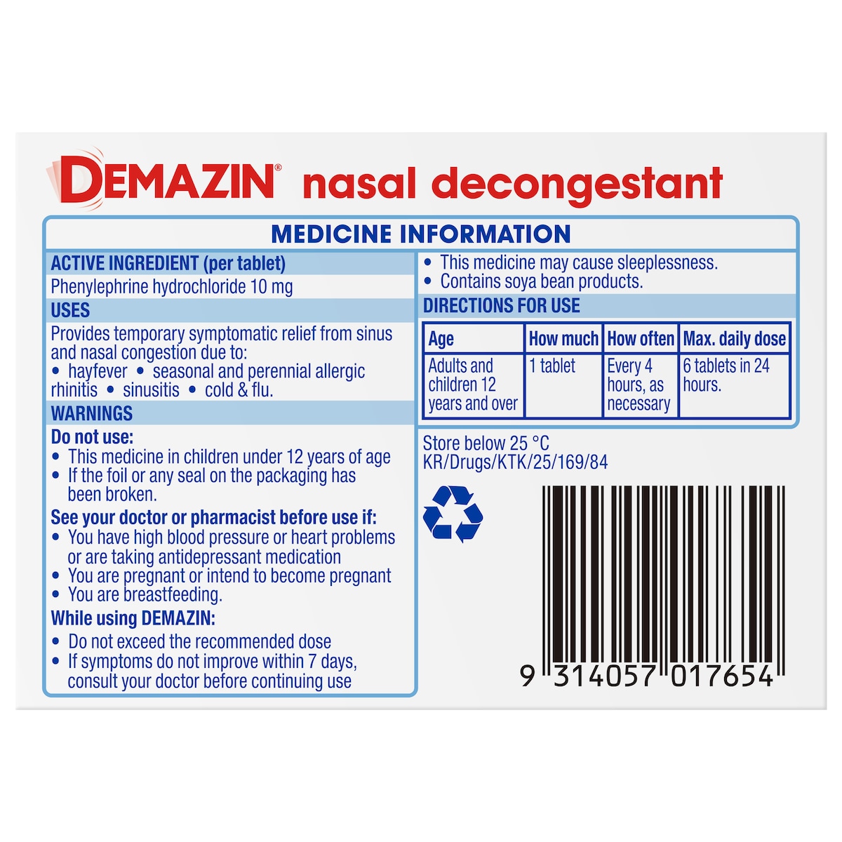 Demazin Nasal Decongestant 24 Tablets