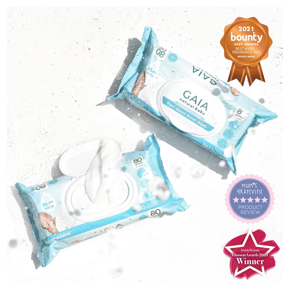 Gaia Natural Baby Plant Based Water Wipes 80 Pack