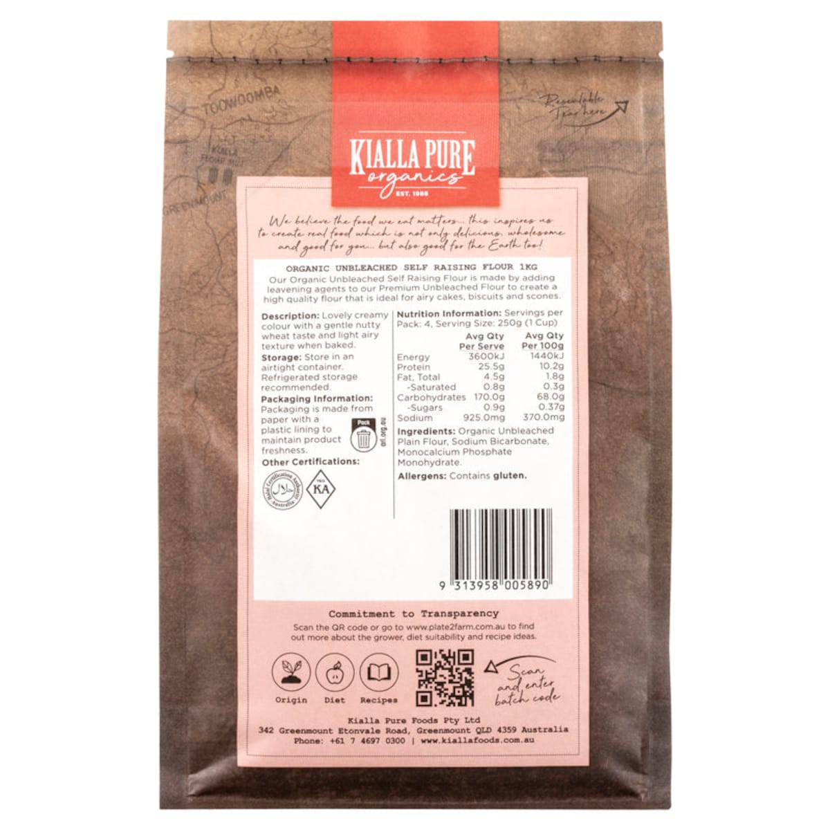 Kialla Organic Unbleached Self Raising Flour 1kg