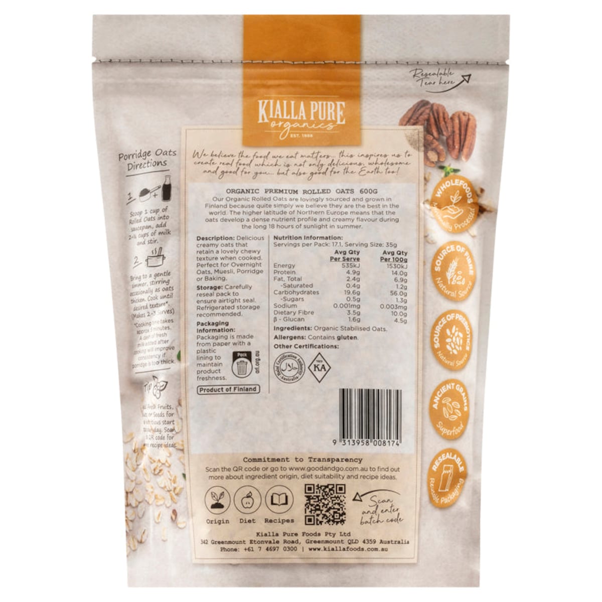 Kialla Organic Rolled Oats 500g